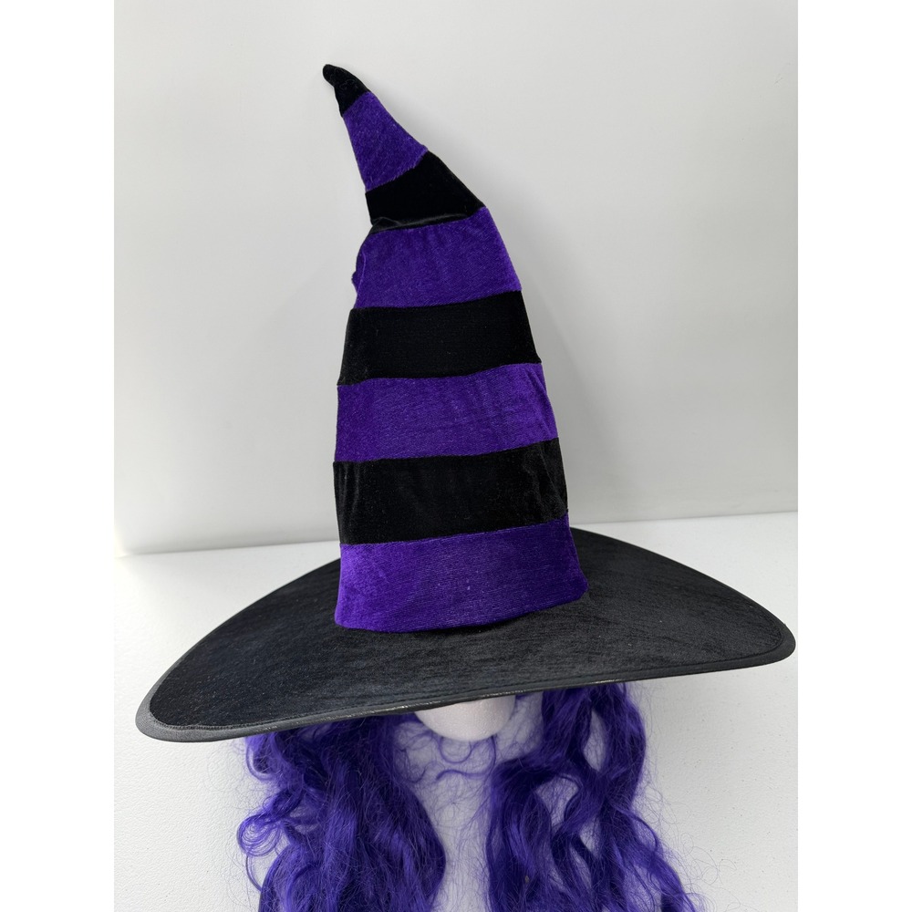 Aero Express Witch Hat with Purple Hair Attached Black Purple Striped Costume OS - Picture 8 of 10